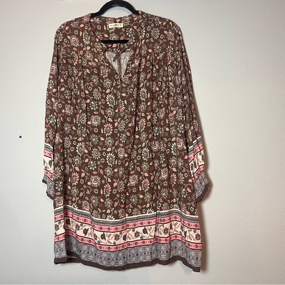 Natural Life Mini Dress Tunic Floral Brown Pink Boho Size Medium - Picture 4 of 10